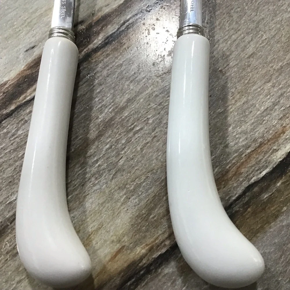 Vintage Salad Serving Set Blue Floral Porcelain Handle Spoon & Fork 8.5” Elegant